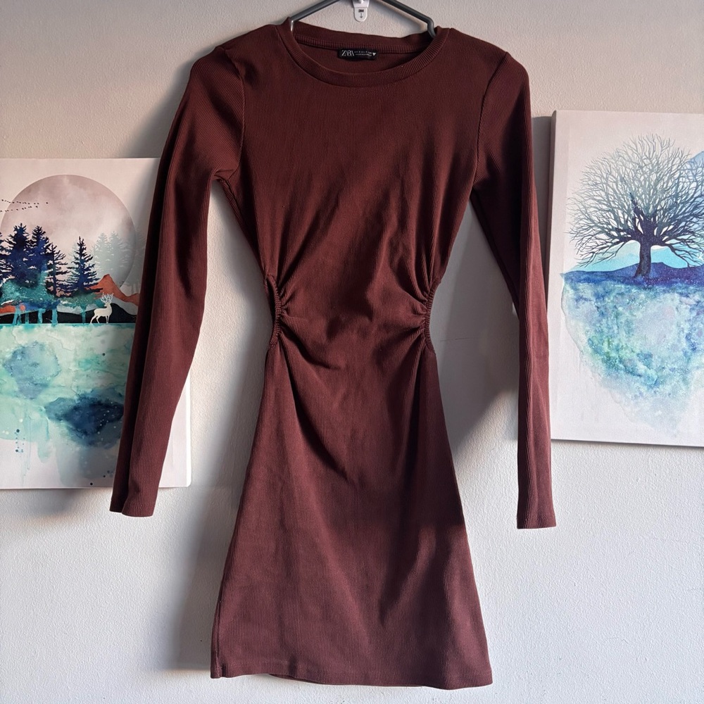 Zara Long Sleeve Chocolate Brown Dress with Side Cutouts Small